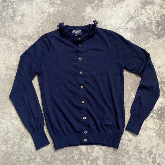 Duffield lane navy button cardigan size small cashmere blend fringe neckline - Picture 1 of 10